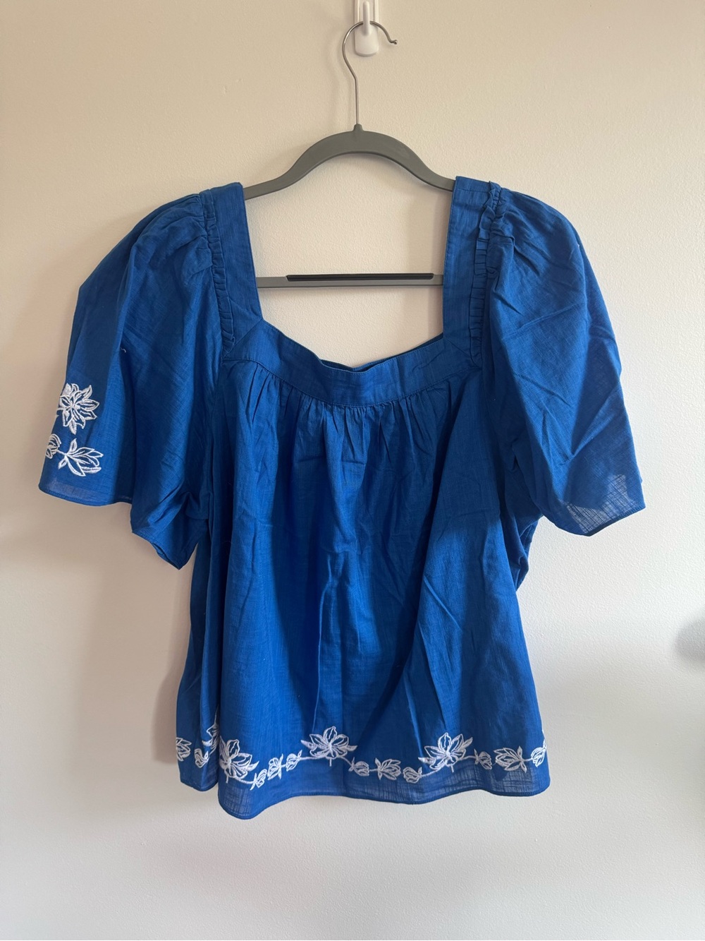 Draper James Cobalt Blue Square-Neck Embroidered Top